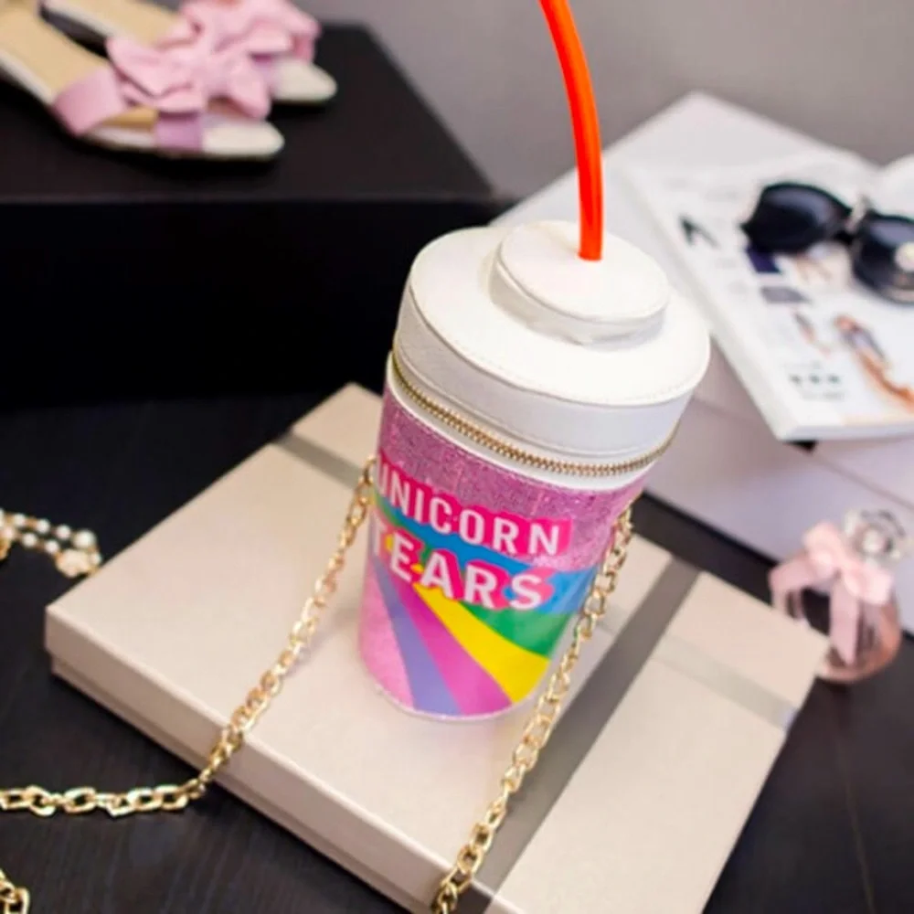 UNICORN TEARS On 🌈 Graphic Cup W/ Gold Chain & Straw Leather Crossbody Bag
